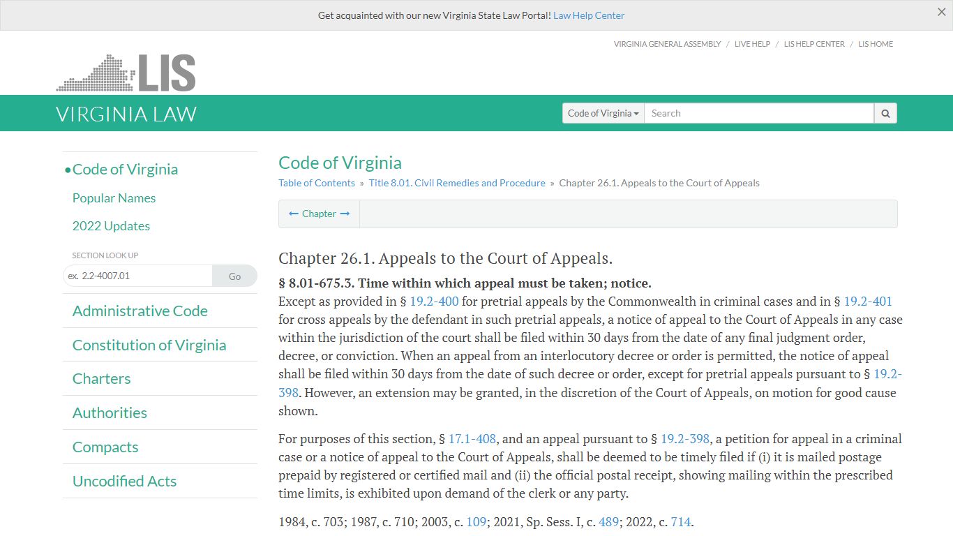 Chapter 26.1. Appeals to the Court of Appeals - Virginia